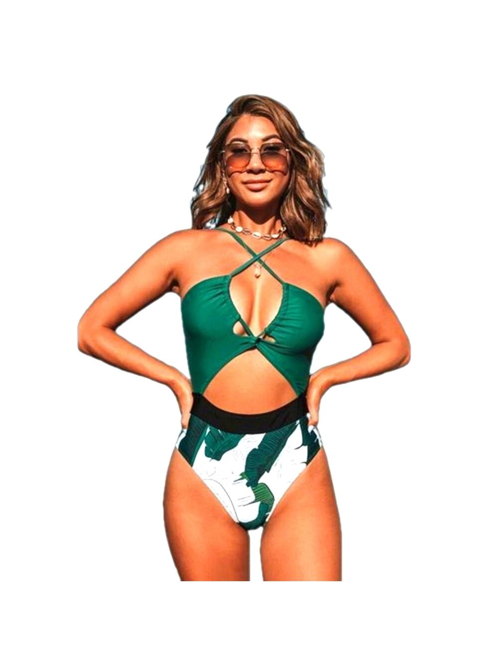 Cupshe Green Tropical Cut Out One Piece Swimsuit S NWT Vacation Swim